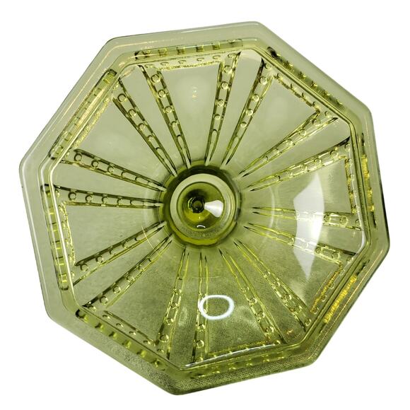 Vintage 8-Sided Imperial Butterpat Glass Candy Dish w/ Lid Birds & Hearts Green - Picture 7 of 8